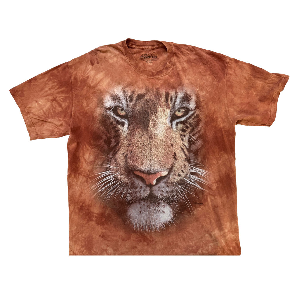 The Mountain Y2K Shirt Mens XL Brown Tie Dye‎ Big Face Tiger Nature Graphic USA
